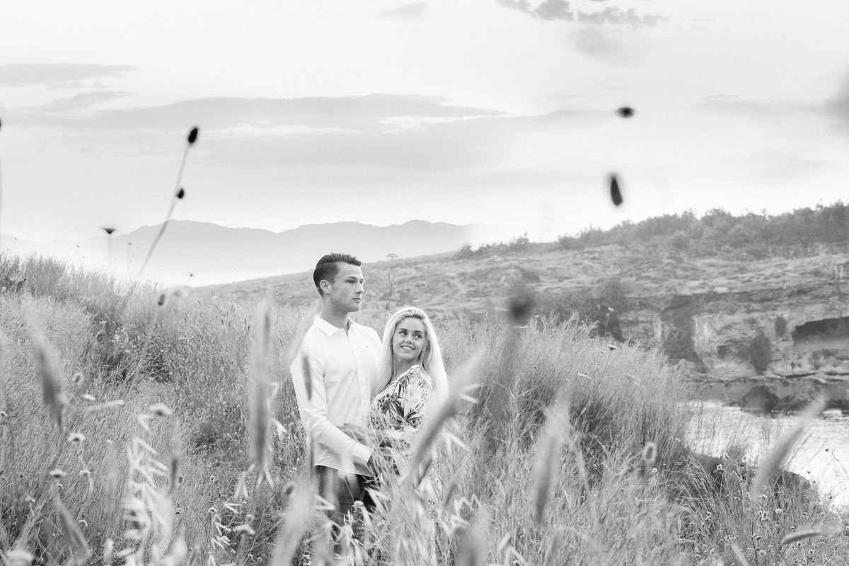 black and white portrait of a couple in a Cretan landscape