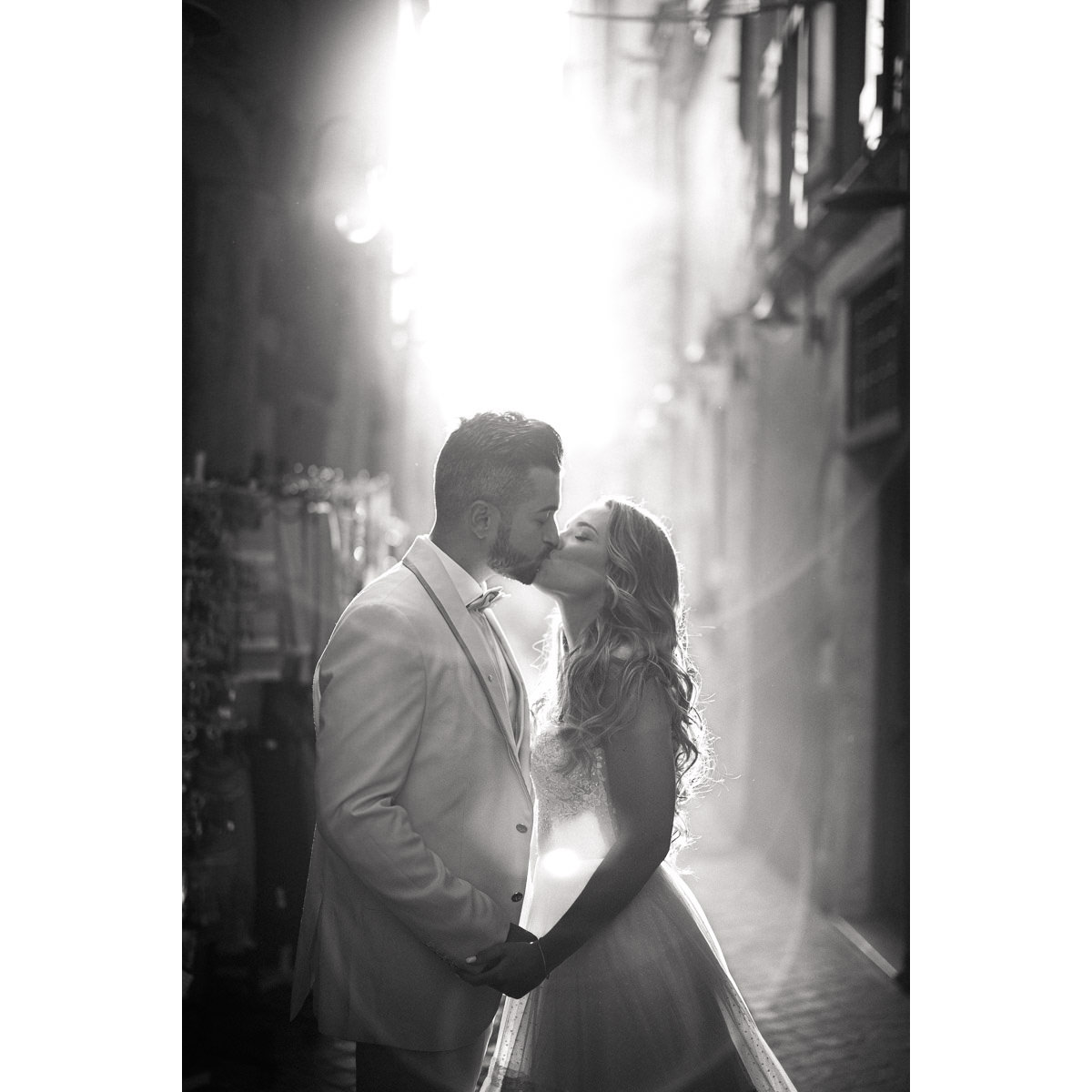 magnificent wedding photo during the sunset time in the old town of Chania