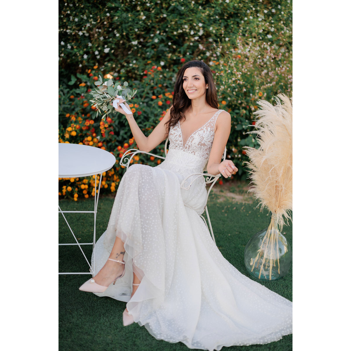 elegant bride in a colourful wedding venue